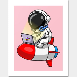 Cute Astronaut Working With Laptop On Rocket Cartoon Posters and Art